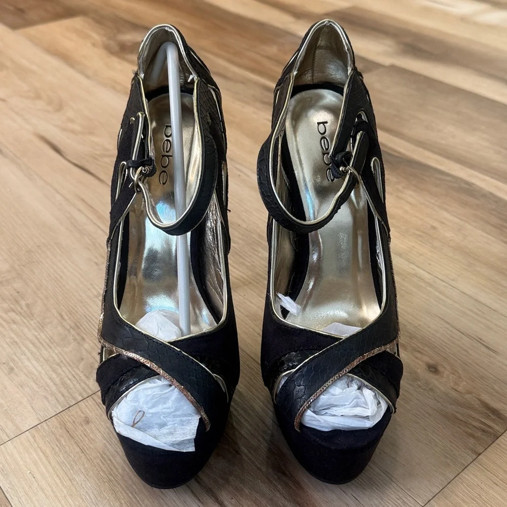 bebe Clarissa Black and Gold Platform High Heel Sandals
